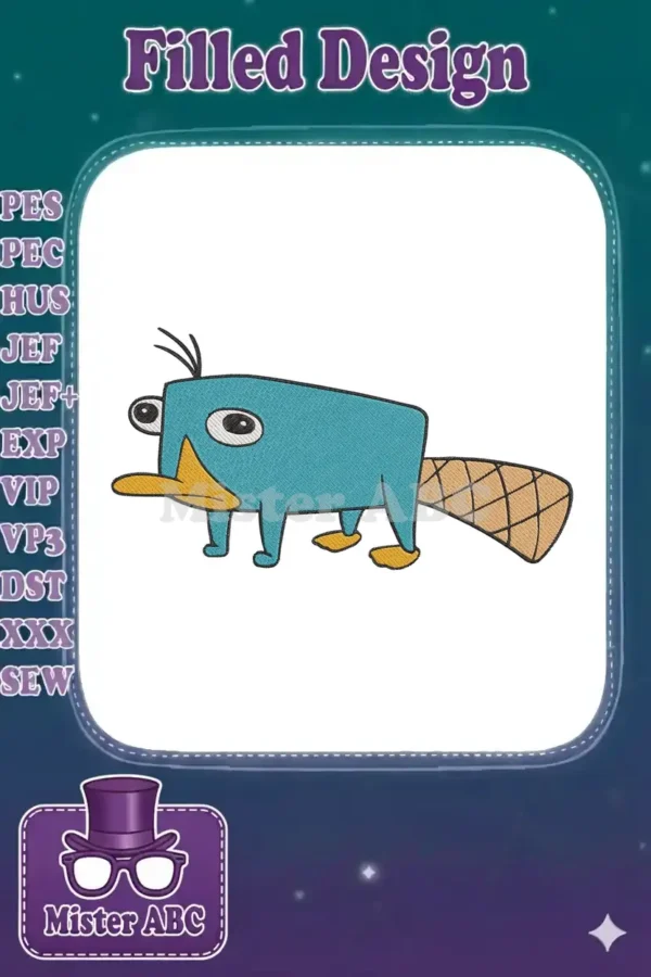 A detailed embroidery design of Perry the Platypus, a teal platypus with orange bill and tail, on a white background.