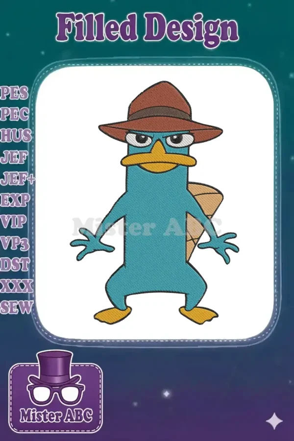 A vibrant embroidery of Perry the Platypus from Phineas and Ferb, wearing his signature fedora, ready for action.