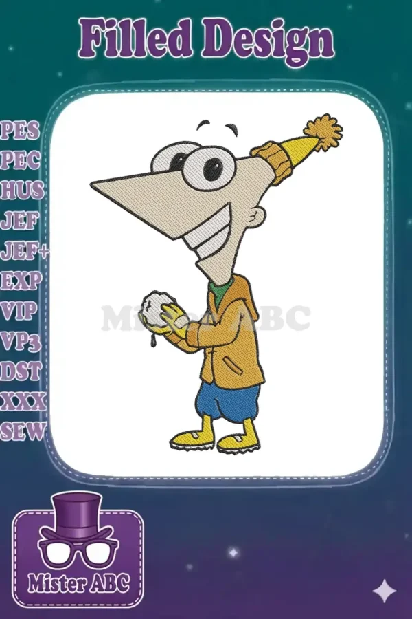 Detailed embroidery design of Phineas from Phineas and Ferb, smiling, holding a snowball, wearing a winter hat and coat.