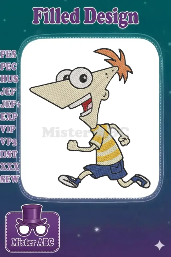 High-quality embroidery design of Phineas from Disney's Phineas and Ferb, captured mid-run with a joyful expression.