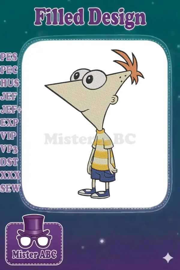 Full-body machine embroidery design of Phineas Flynn from Disney's Phineas and Ferb, standing cheerfully.