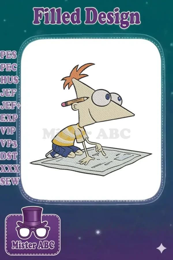 Embroidered design of Phineas from Phineas and Ferb, kneeling and pointing at a blueprint with a pencil behind his ear.