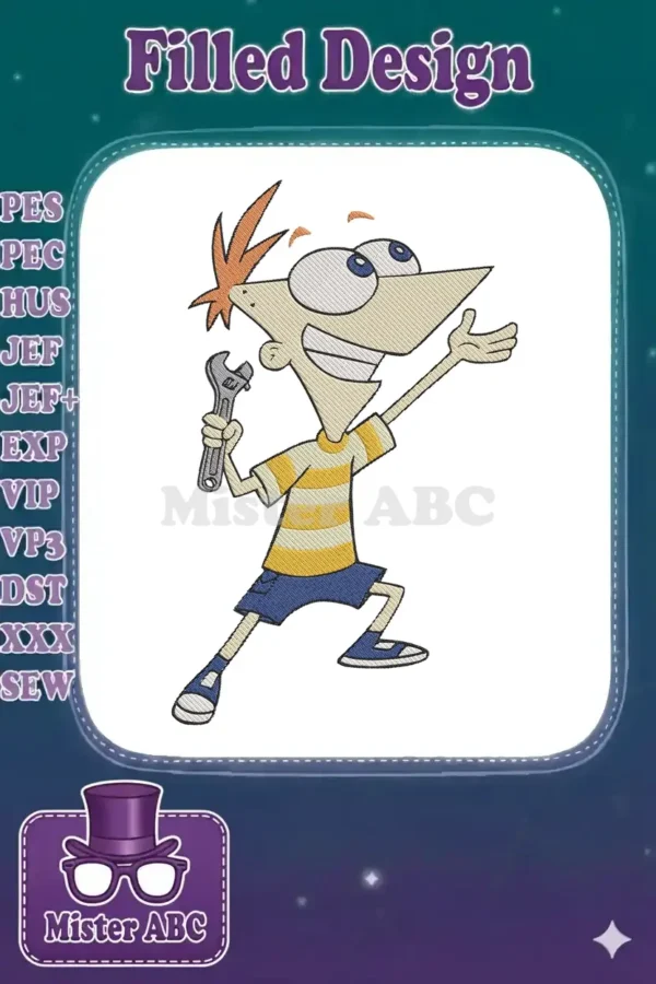 Vibrant embroidery design of Phineas Flynn holding a wrench, ready for adventure and creative projects.