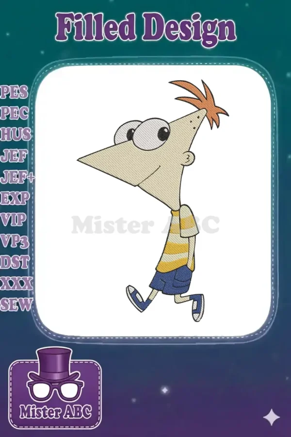 A cheerful Phineas Flynn embroidery design, featuring his iconic striped shirt and spiky orange hair, ready to stitch.