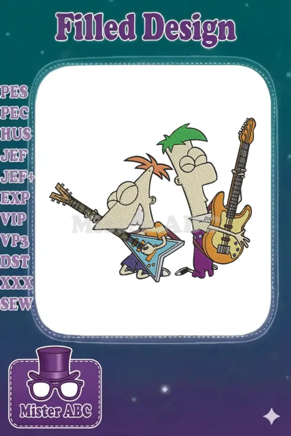 Vibrant embroidery design featuring Phineas and Ferb enthusiastically playing electric guitars. Ideal for cartoon fans.