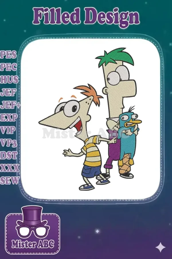 Colorful embroidery design featuring Phineas, Ferb, and Perry the Platypus from the popular animated series.
