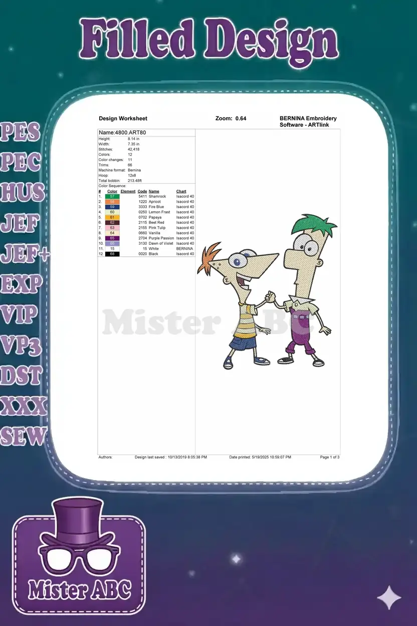 Embroidery design worksheet for Phineas and Ferb, detailing stitch count, colors, and dimensions.