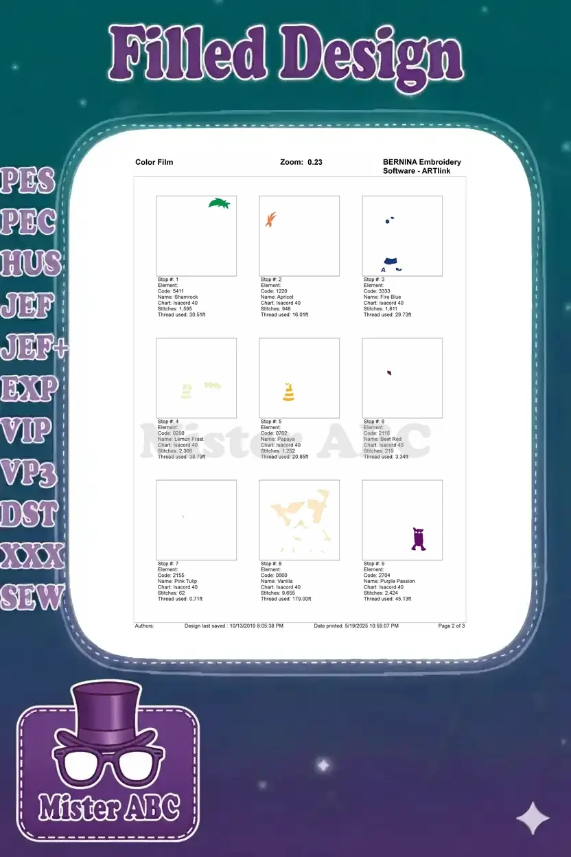 First part of the color film for the Phineas and Ferb embroidery, showing individual color stitch-outs.