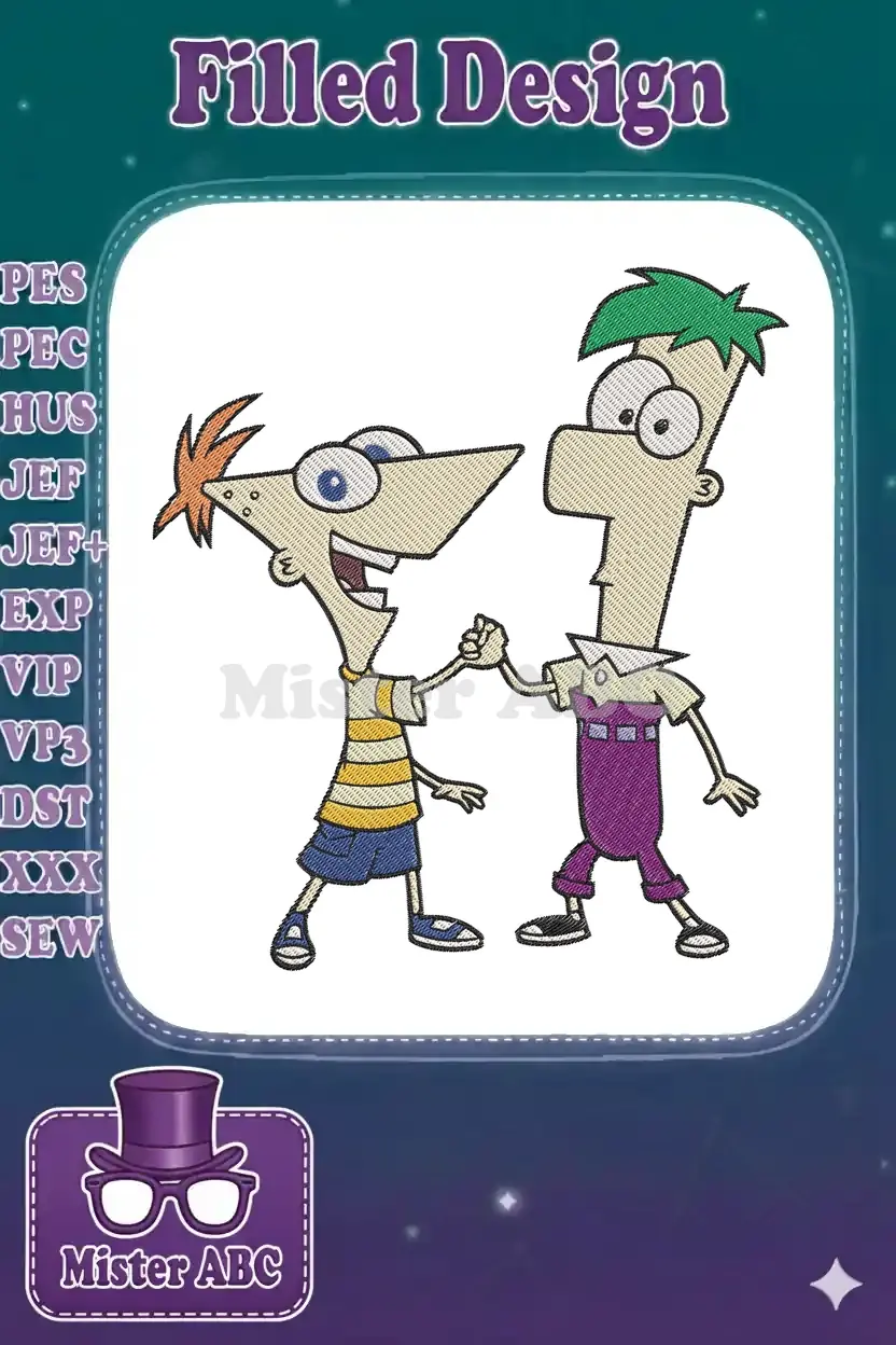Phineas and Ferb embroidery design, showing the two brothers shaking hands with cheerful expressions.