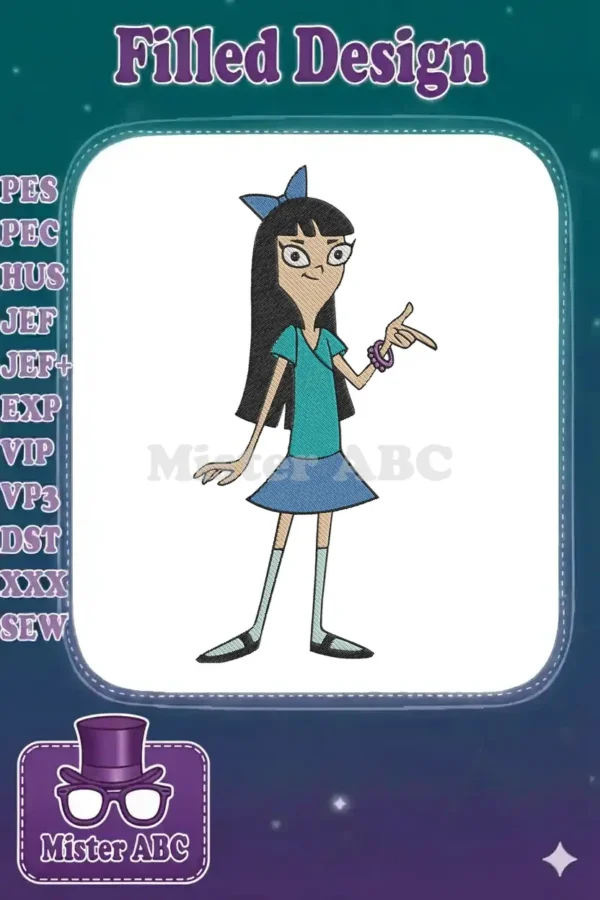 Full-body embroidery design of Isabella Garcia-Shapiro from Phineas and Ferb, pointing, with her signature bow.