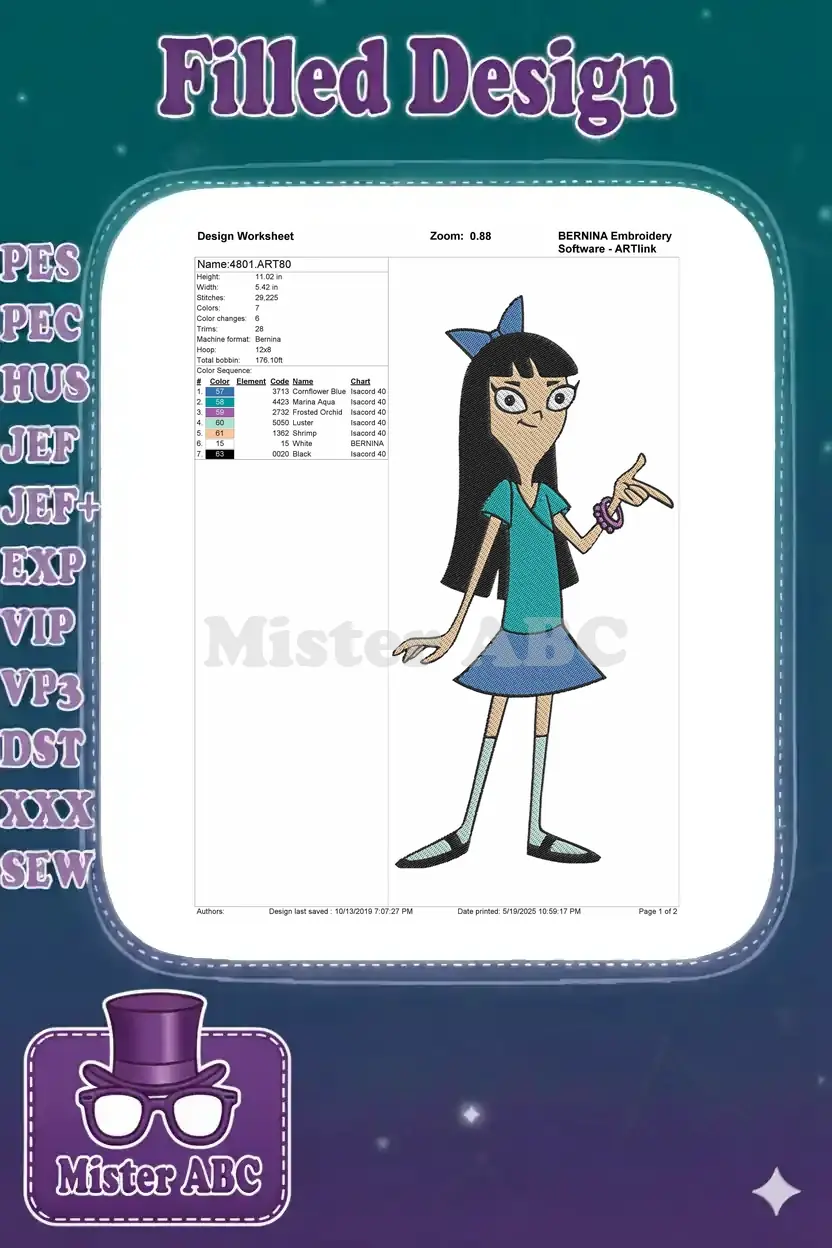 Embroidery design worksheet for Isabella, showing dimensions, stitch count, colors, and thread details.