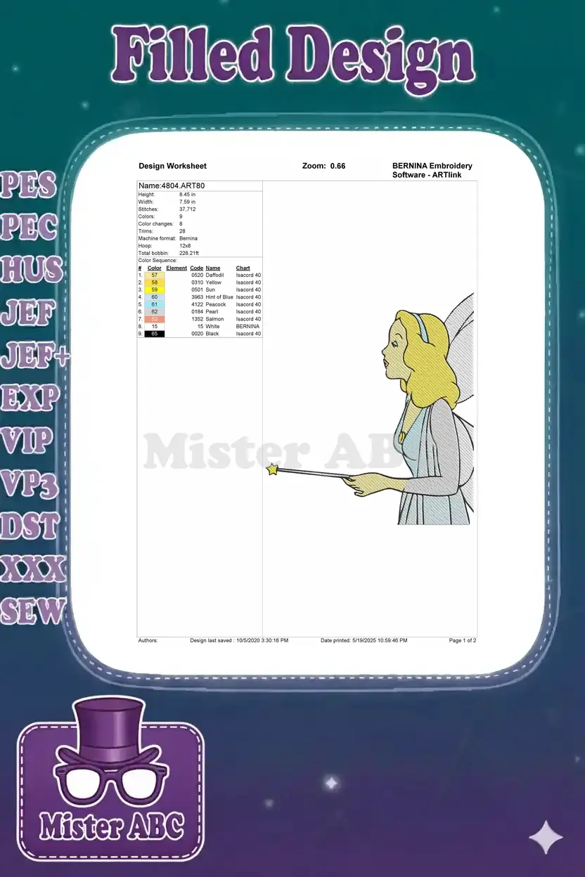 Embroidery design worksheet for fairy, showing dimensions, stitch count, color sequence, and thread codes.