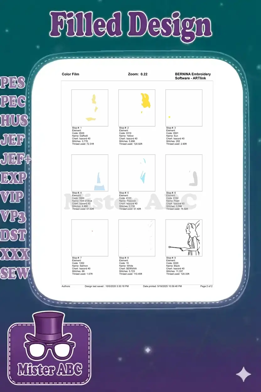 Color film breakdown for fairy embroidery, showing individual stitch elements and thread usage per color stop.