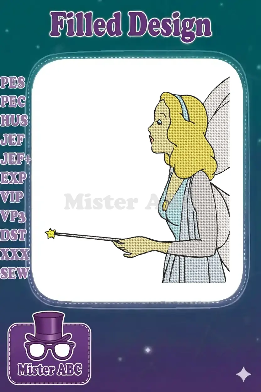 Embroidered fairy design in profile, with blonde hair, blue headband, light blue top, grey dress, and a star wand.