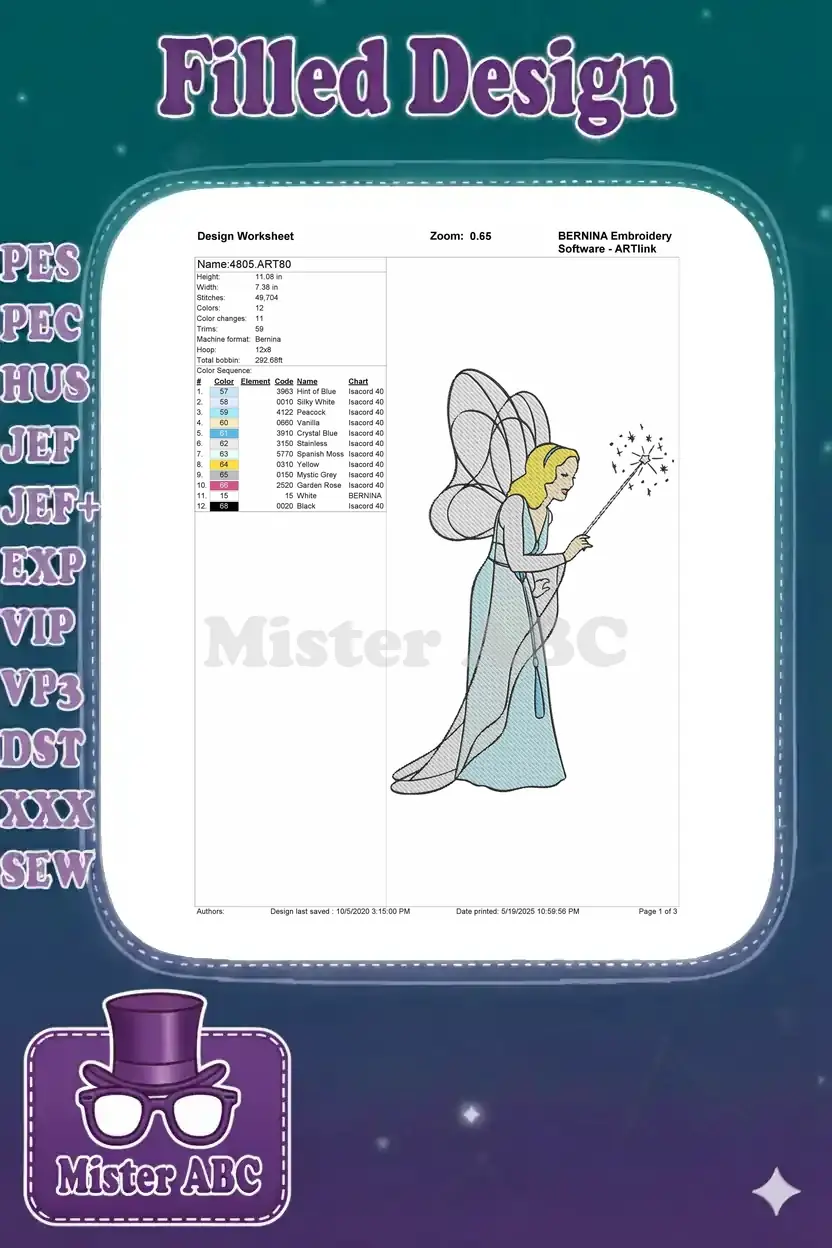 Embroidery design worksheet for 4805.ART80, detailing stitch count, dimensions, and the 12-color thread chart.