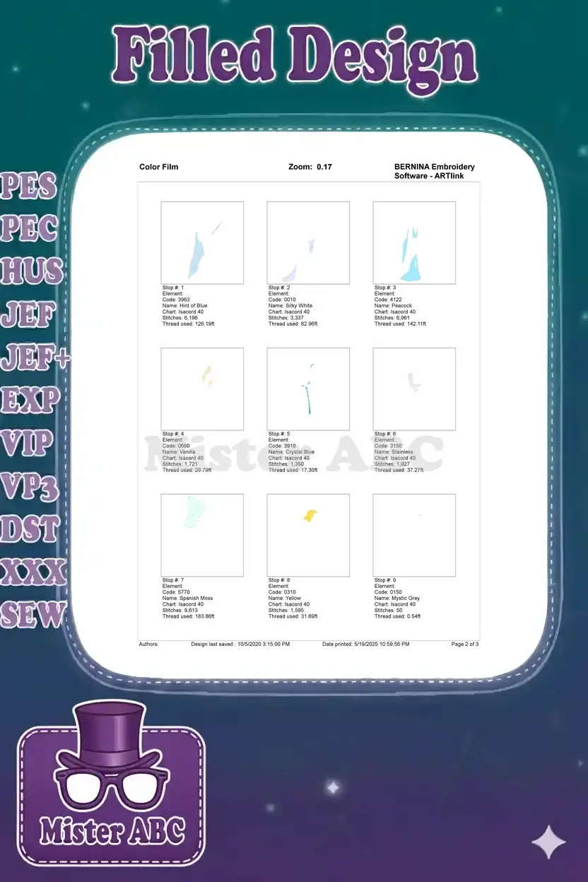 First page of the embroidery color film, illustrating the initial nine color stops and their stitch details.