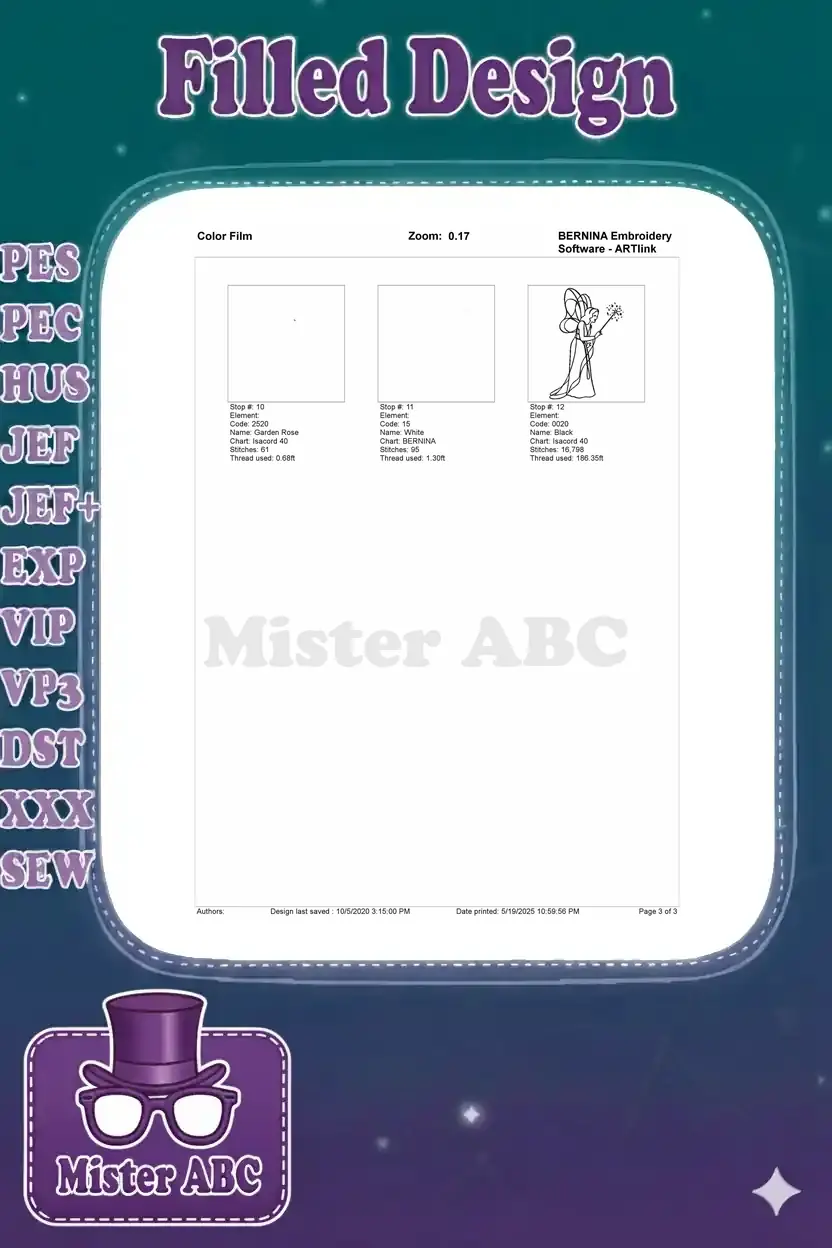 Second page of the embroidery color film, completing the design with the final three color stops and outline.