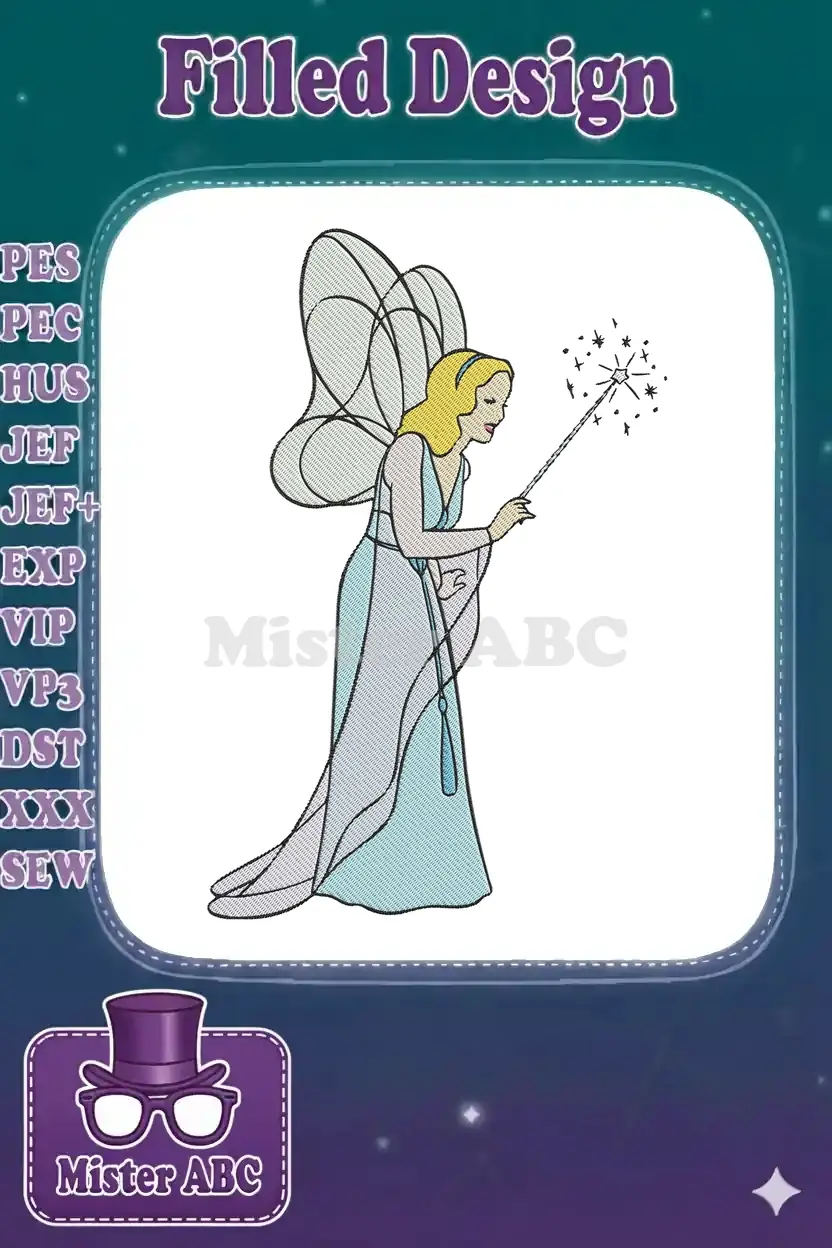 Elegant fairy embroidery design with light blue dress and translucent wings, holding a sparkling magic wand, perfect for enchanting projects.