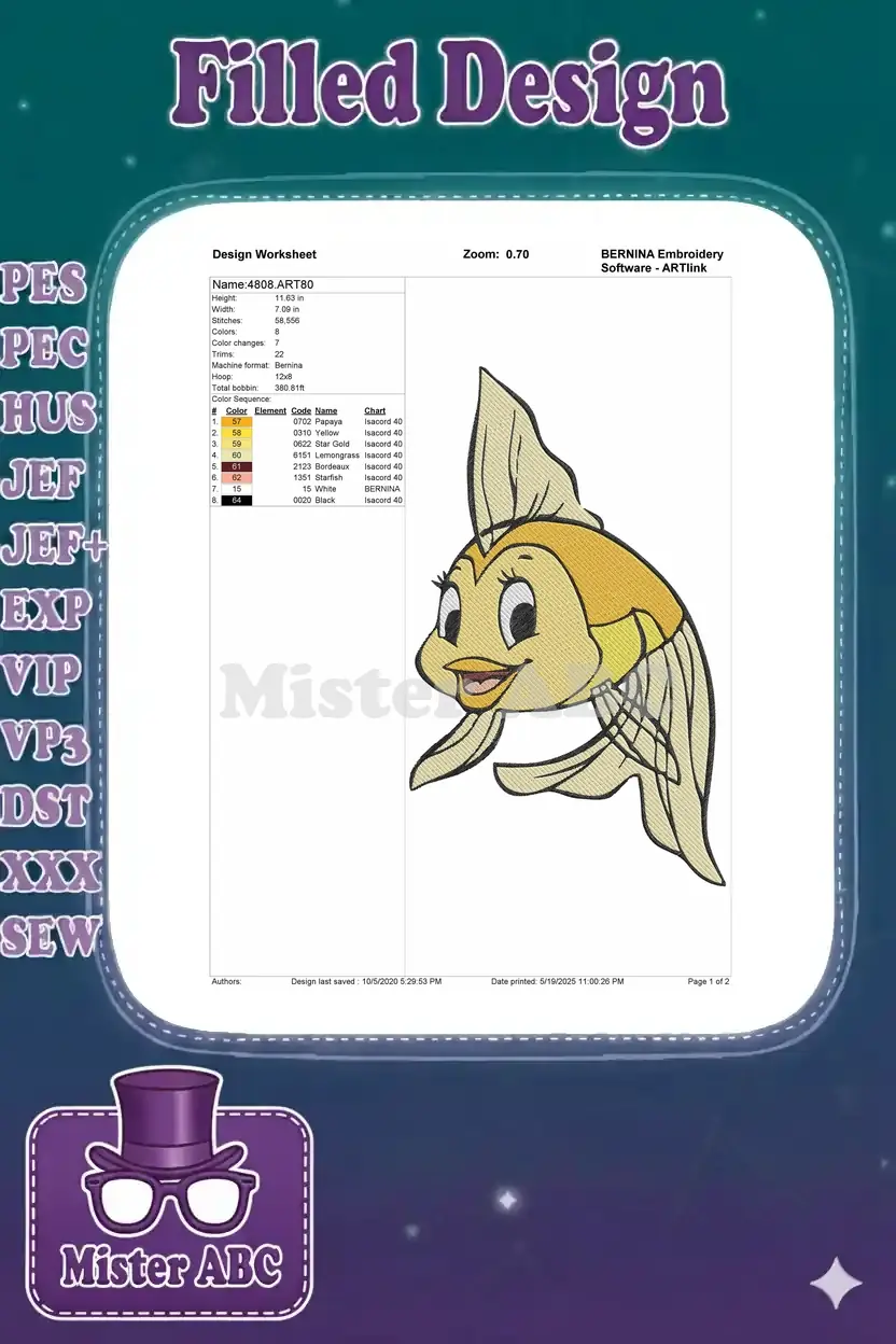 A detailed embroidery design worksheet showing dimensions, stitch count, color chart, and a small design preview.