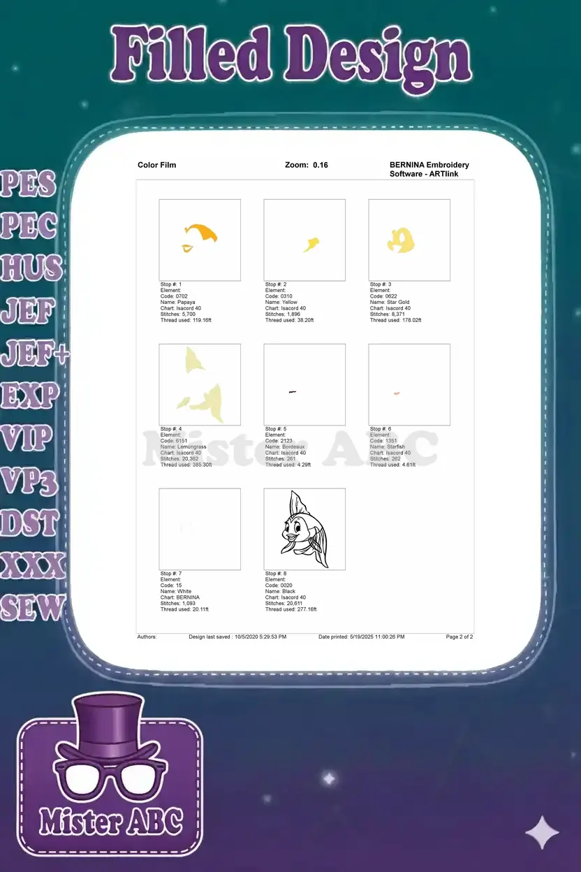 An embroidery color film demonstrating the sequential stitching of each color layer for the goldfish design.