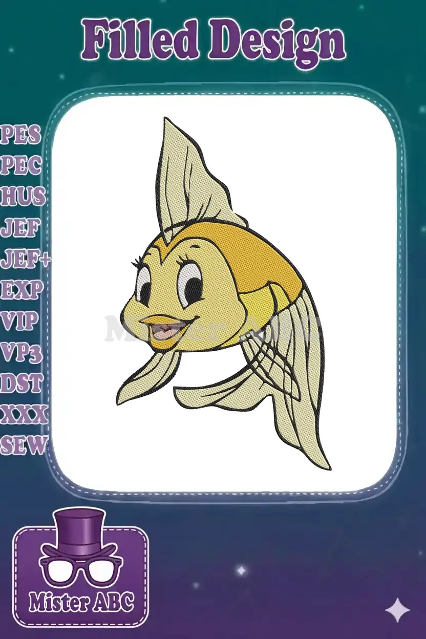 A delightful embroidery design of a friendly, cartoon-style goldfish with large eyes and a cheerful smile.