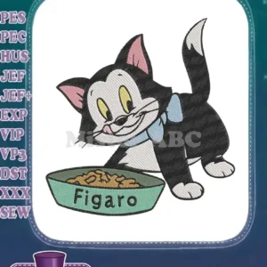 Figaro the black and white cat, from Disney's Pinocchio, happily reaching for food in a bowl named 'Figaro'.