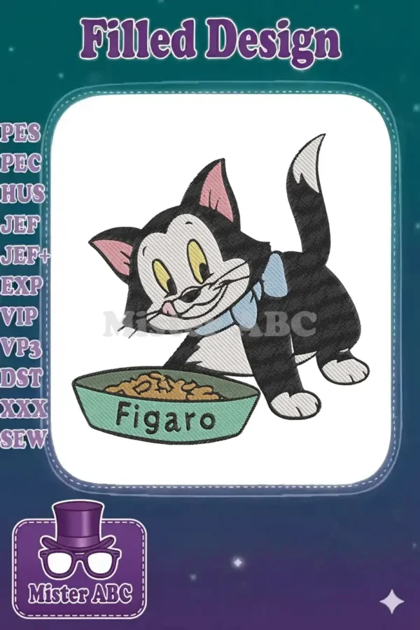 Figaro the black and white cat, from Disney's Pinocchio, happily reaching for food in a bowl named 'Figaro'.