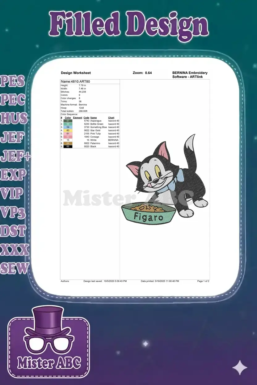 Embroidery design worksheet for Figaro the cat, showing dimensions, stitch count, color sequence, and a preview.