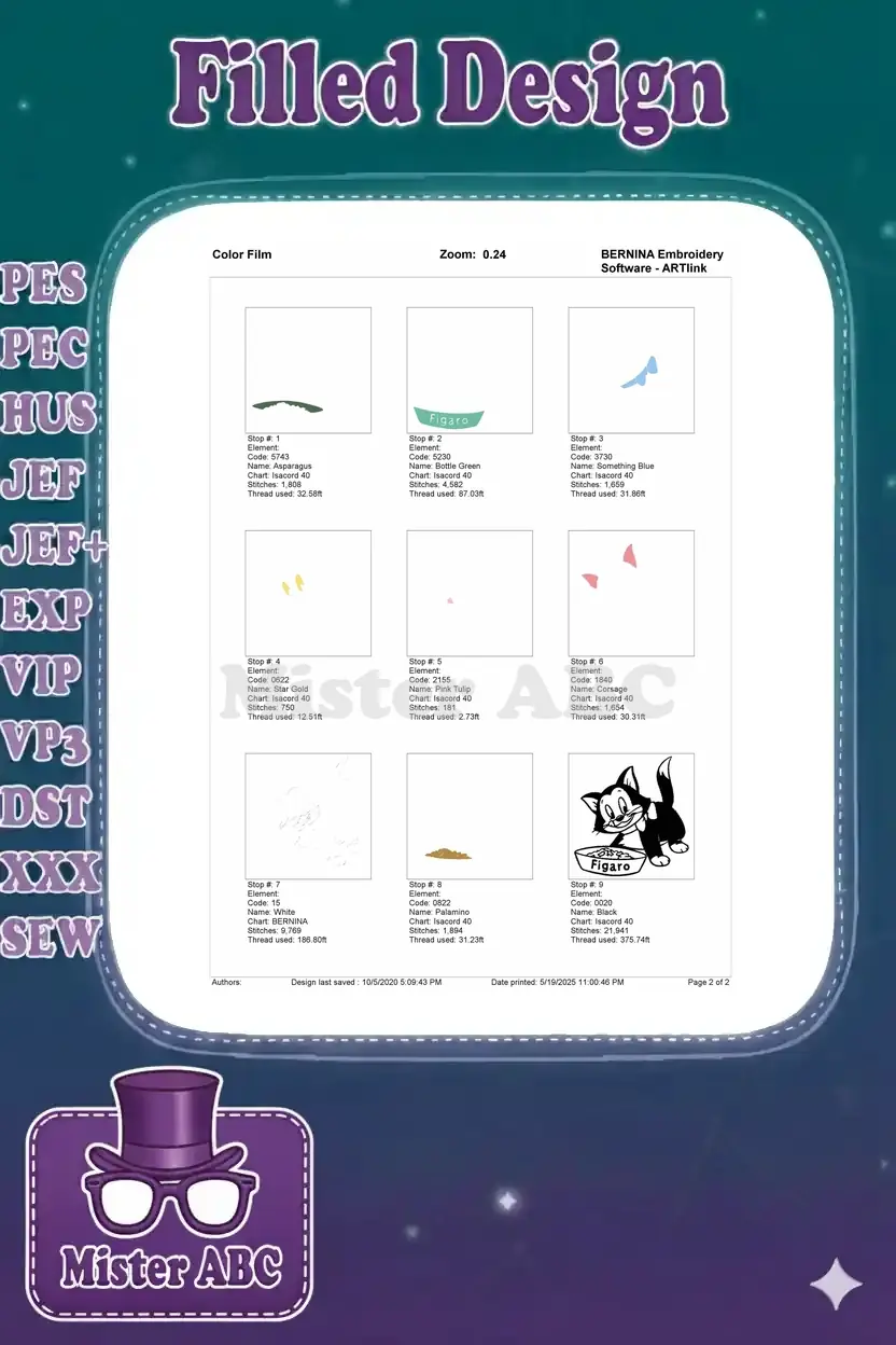 Color film breakdown for Figaro cat embroidery, illustrating the stitch order for each thread color element.