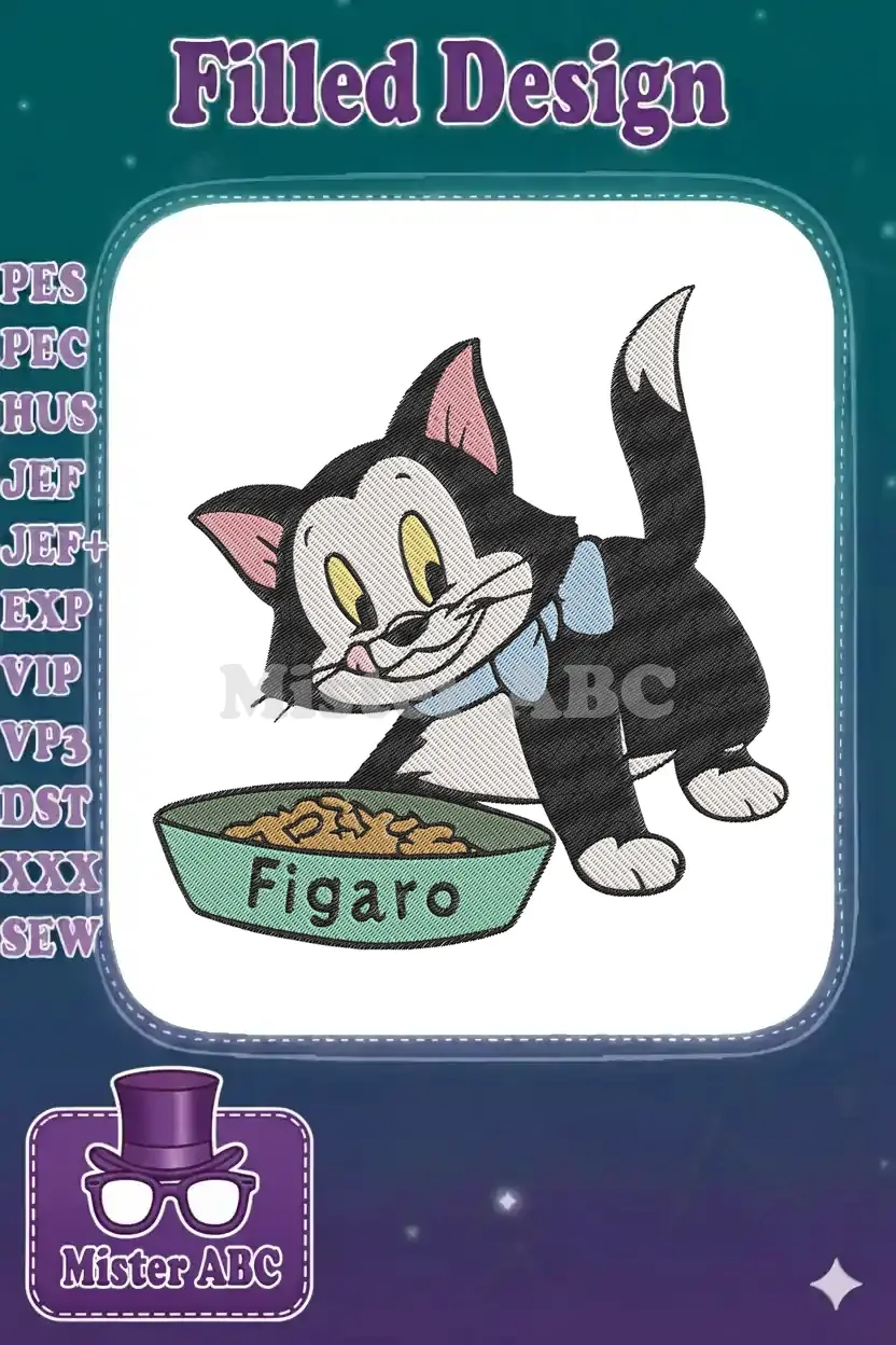 Figaro the black and white cat, from Disney's Pinocchio, happily reaching for food in a bowl named 'Figaro'.