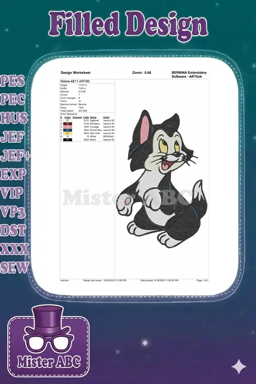 Embroidery design worksheet for Figaro the Cat, showing dimensions, stitch count, and color sequence details.