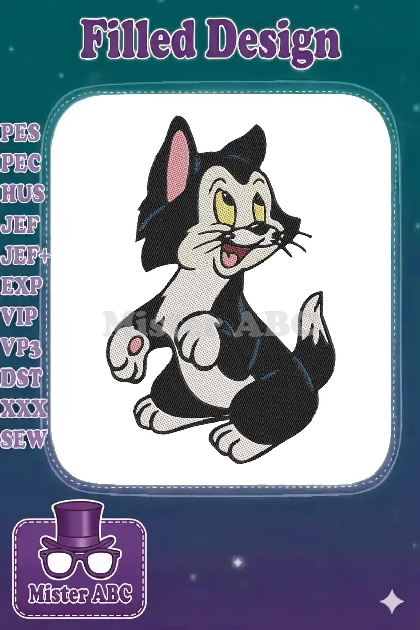 Close-up of Figaro the Cat embroidery design, featuring vibrant black, white, and yellow threads on a clean background.