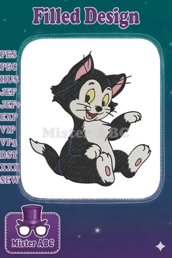 Adorable embroidery of Figaro the cat, from Disney's Pinocchio, sitting happily. Perfect for apparel and decor.