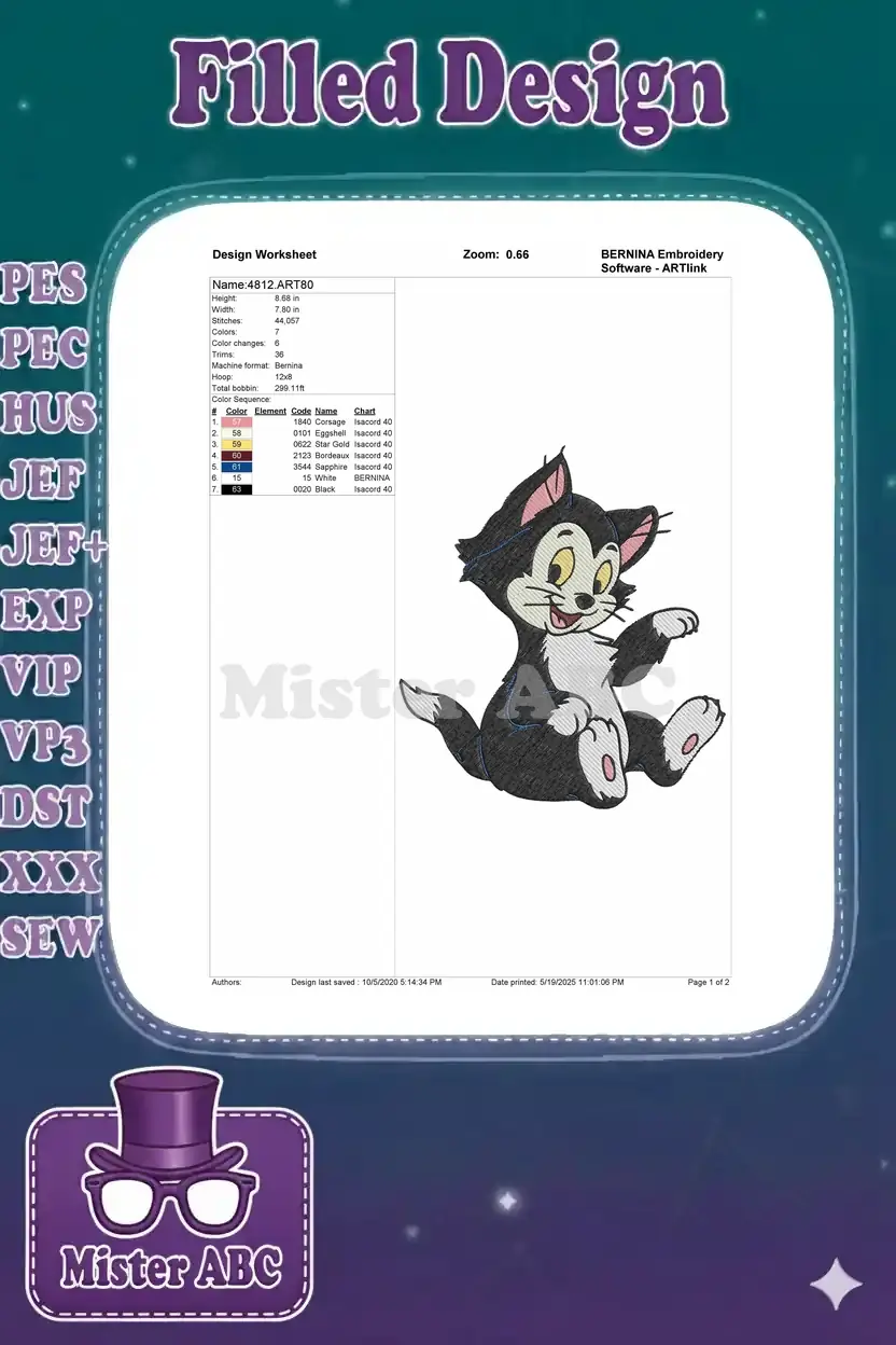 Embroidery design worksheet for Figaro, showing dimensions, stitch count, color sequence, and thread details.