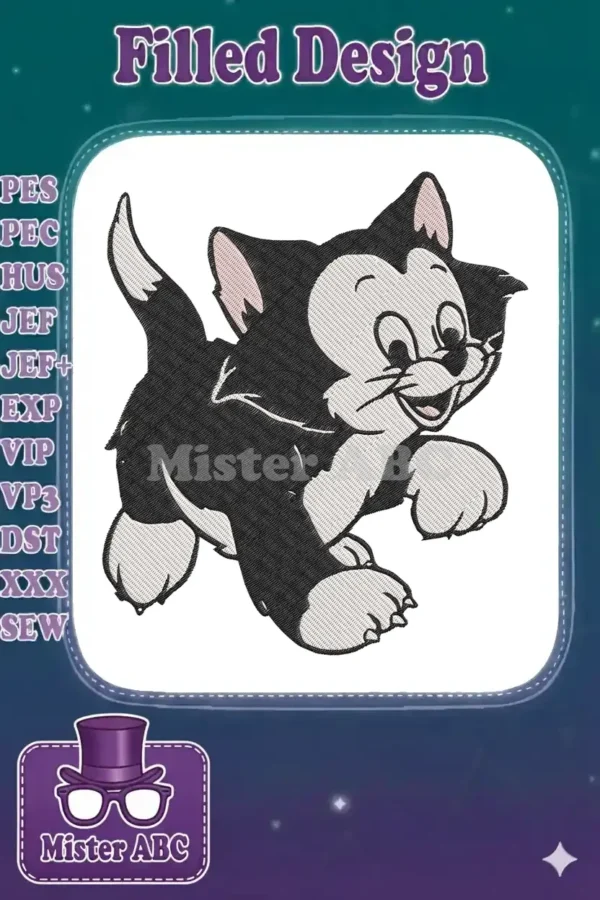 Close-up of a cheerful black and white cartoon cat, Figaro, in a running pose, showcasing detailed embroidery.