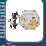 Playful cat trying to catch goldfish in fishbowl embroidery designs - Instant Download