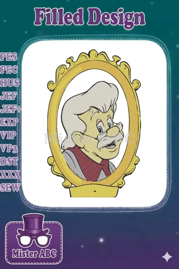 Detailed Geppetto embroidery design in an ornate golden frame, featuring his iconic white hair and mustache.