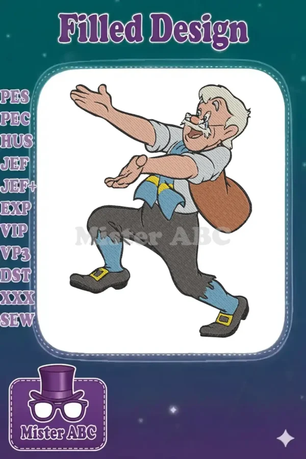 Vibrant Geppetto embroidery design, capturing the beloved character in a dynamic, expressive pose, ready for stitching.