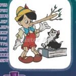 Classic Pinocchio Lying with Figaro Cat on Books Embroidery Designs - Instant Download
