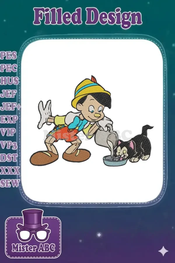 Vibrant machine embroidery design of Pinocchio, the classic Disney character, gently feeding milk to Figaro the cat.