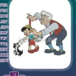 Geppetto holding Pinocchio with Figaro classic fairy tale embroidery designs - Instant Download