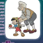 Pinocchio and Geppetto happy classic characters embroidery designs with apple - Instant Download