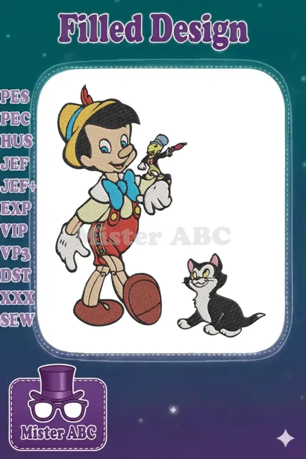 Vibrant embroidery of Pinocchio, Jiminy Cricket, and Figaro, showcasing detailed stitching and classic Disney charm.