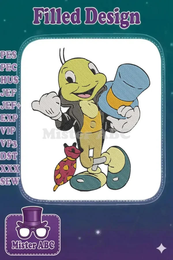 Jiminy Cricket embroidery design, a cheerful character holding his blue hat and red umbrella, ready for stitching.