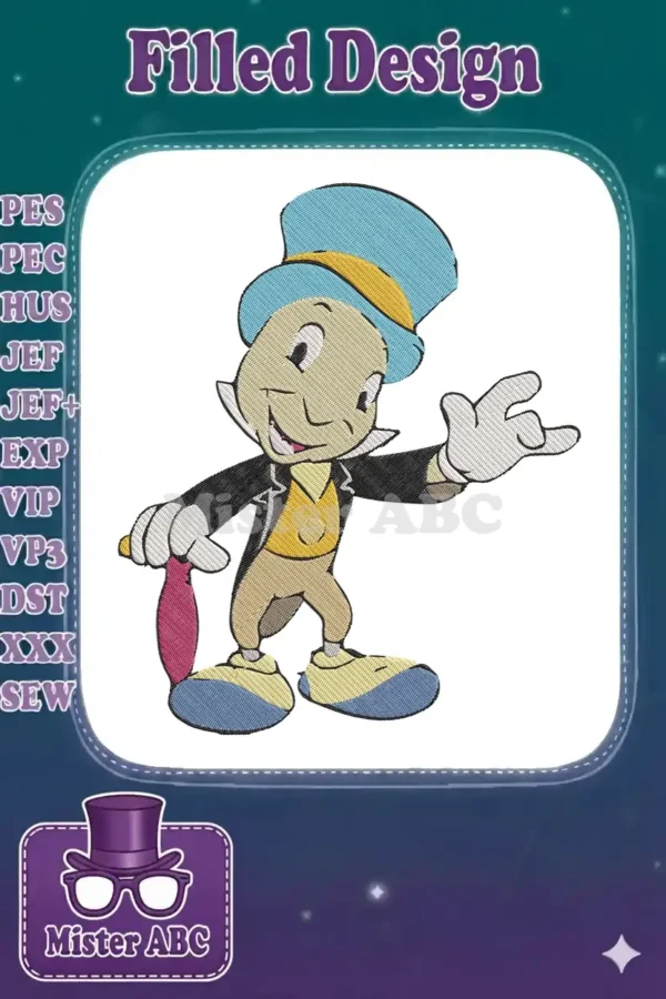 A vibrant embroidery design featuring Jiminy Cricket in a blue top hat, yellow vest, and black coat, holding a red umbrella, with a happy expression.