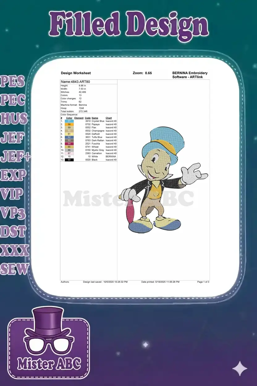 A comprehensive design worksheet for the Jiminy Cricket embroidery, detailing dimensions, stitch count, color chart, and thread names.