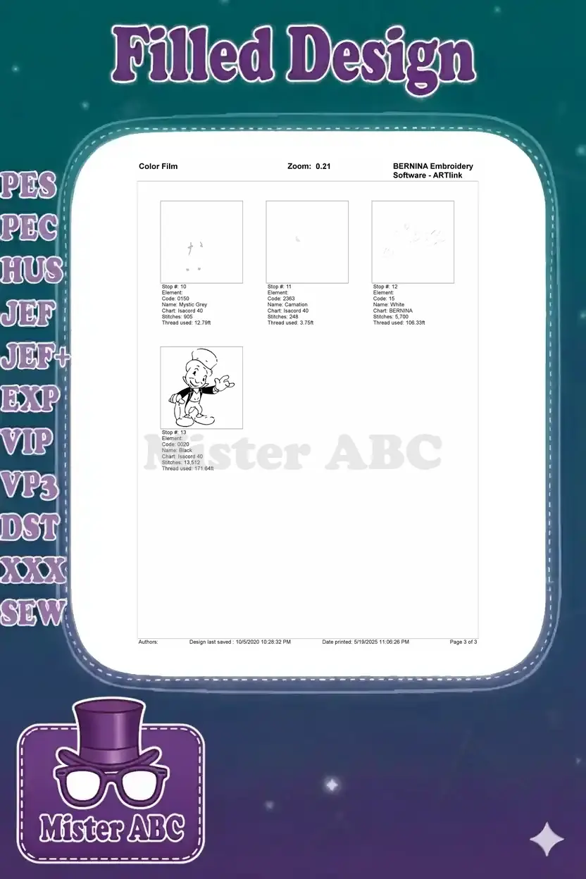The second page of the color film document for the Jiminy Cricket embroidery, showing the remaining stitch elements and final outline.