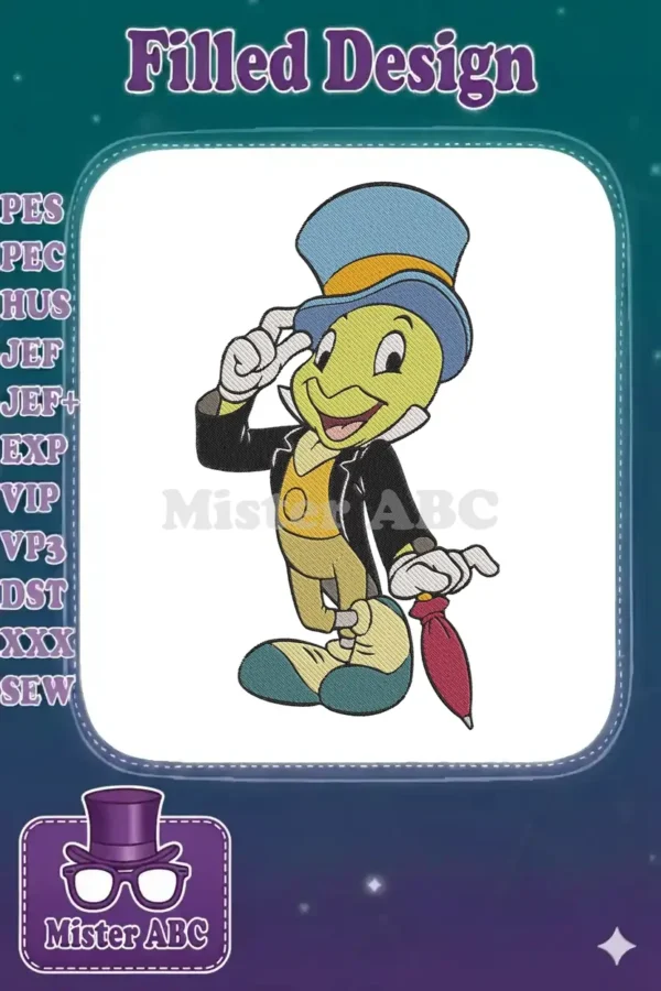 A vibrant Jiminy Cricket embroidery design, tipping his blue and yellow top hat with a cheerful smile.