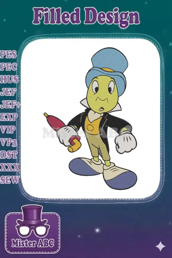 A full-body embroidery design of Jiminy Cricket, holding his red umbrella, with vibrant colors and detailed stitching.