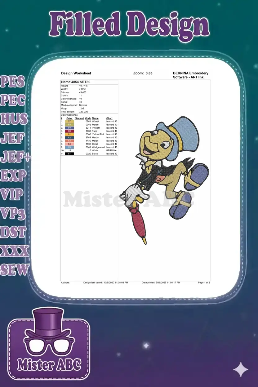 Detailed embroidery design worksheet for Jiminy Cricket, showing dimensions, stitch count, and thread colors.